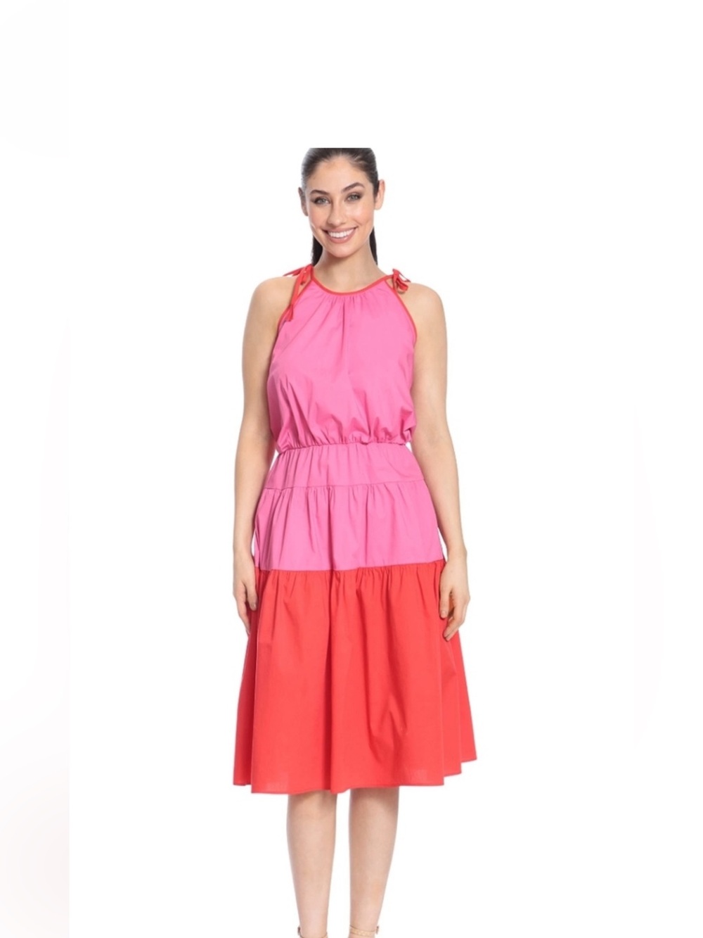 London Times Pink and Red Tiered Summer Dress